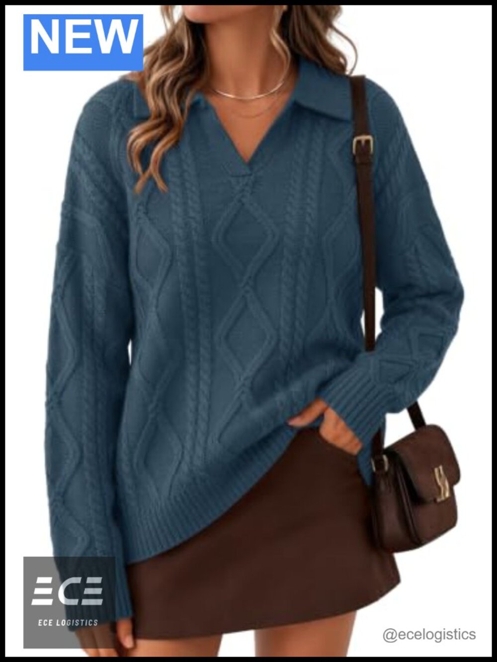 Womens Oversized Cable Knit Sweater V Neck Polo Pullover Long Sleeve